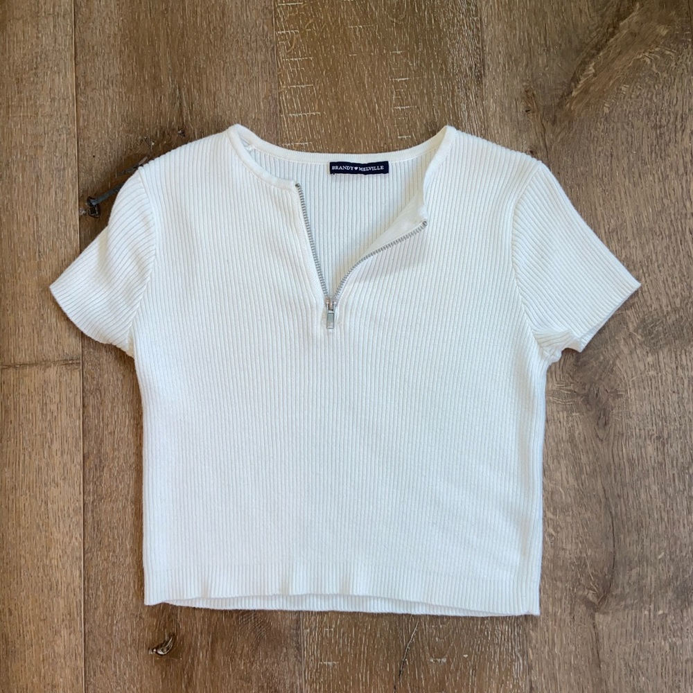 Brandy Melville White Ribbed Quarter Zip Top